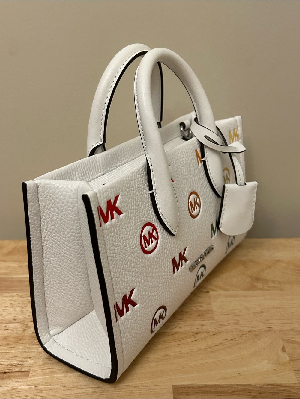 Michael Kors White Leather Satchel with Multicolor MK Accents - Picture 4 of 15